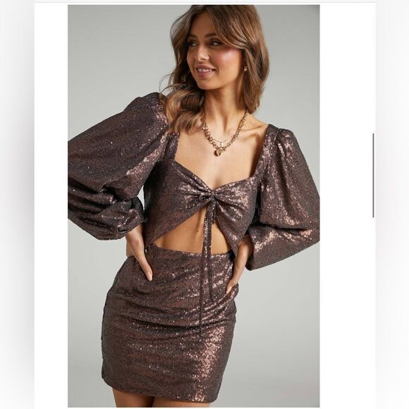 Kat Long Sleeve Bodycon Mini Dress in Chocolate Sequin - Showpo Bodycon Dresses - Picture 2 of 12